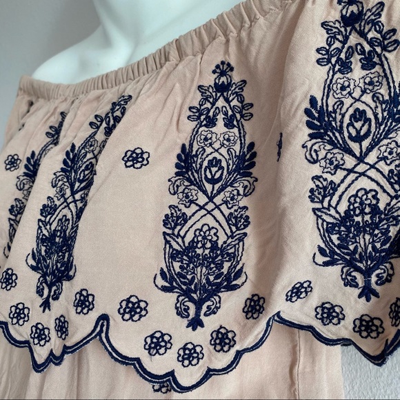 Off Shoulder Embroidered Cream Ruffle Fleur de Lis BOHO Mini Dress Iris Flower - Picture 5 of 11
